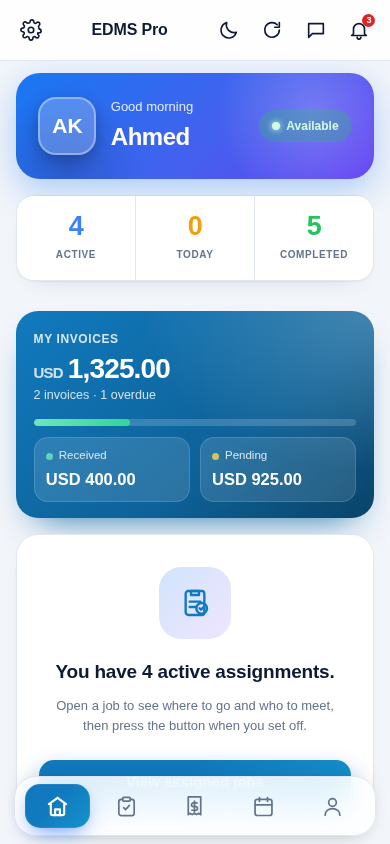EUT Global Field Operations App dashboard showing active assignments and invoices