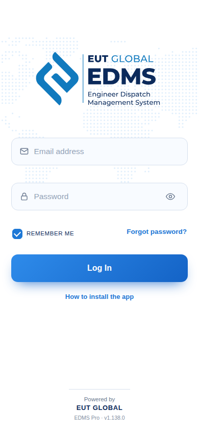 EUT Global Field Operations App login screen